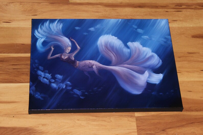 12x16 Original Oil Painting Fantasy Wall Art Mermaid Girl Pretty Betta Fish Pink Blue Underwater Ocean Sea