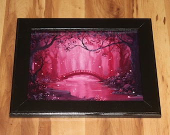 8x10" Original Oil Painting - Candy Bridge Pink Purple Enchanted Forest Fairytale Scenery - Small Wall Art