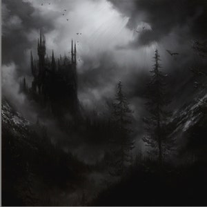 May include: A dark, gothic castle stands tall against a backdrop of misty mountains and a cloudy sky. The castle is silhouetted against the light, with tall towers and spires. The scene is dark and mysterious, with a sense of foreboding.