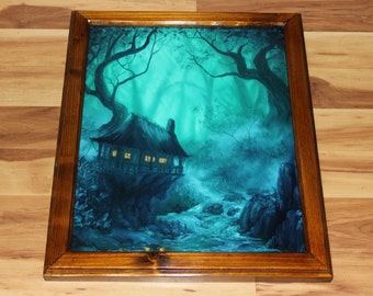 16x20" Original Oil Painting - Cabin in the Woods Forest Green Blue Foggy River Trees Landscape Scenery - Fantasy Wall Art