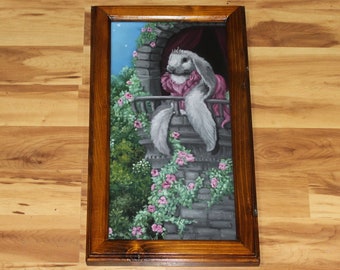 10x20" Original Oil Painting - Princess Rabbit Rapunzel Bunny Enchanted Castle Tower Flowers Funny Cute Animal Fantasy Girl's Room Wall Art