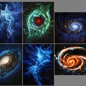 May include: A collection of six space-themed paintings depicting various celestial objects, including nebulae and galaxies. The paintings feature vibrant colors and intricate details, showcasing the beauty of the cosmos.