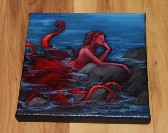 6x6" Original Mini Oil Painting - Red Blue Octomaid Octopus Mermaid Siren Ocean Underwater - Fantasy Wall Art Mini Painting