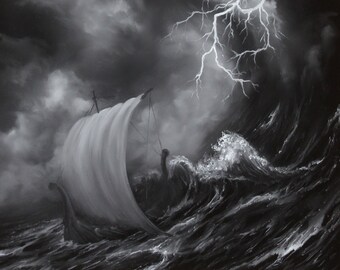 Art PRINT - Skull Storm Lightning Viking Longboat Ship