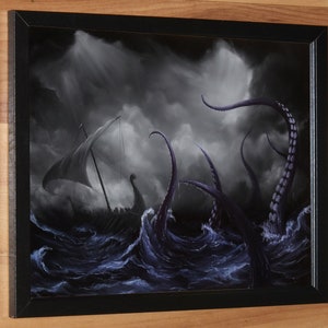 Art PRINT Viking Longboat Ship Lovecraftian Monster Horror Fantasy Ocean Storm Wall Art Choose Size 4x6 5x7 8x10 12x16 PRINTS 8x10" Framed