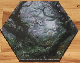 12" Hexagon Original Oil Painting - Spring Blossoms Enchanted Foggy Forest Woods Trees Gray Green Pink Flowers - Landscape Scenery Wall Art