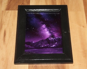 5x7" Original Mini Oil Painting Flat Panel - Milky Way Mountains Lake Pink Purple Stars Starry Night Landscape - Small Canvas Wall Art