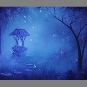 Konsttryck - Blå månbelysta förtrollade skogsfjärilar Hemlig brunn - Fantasilandskapsväggkonst - Välj storlek 10x15 cm 13x18 cm 20x25 cm 30x43 cm TRYCK bild 1