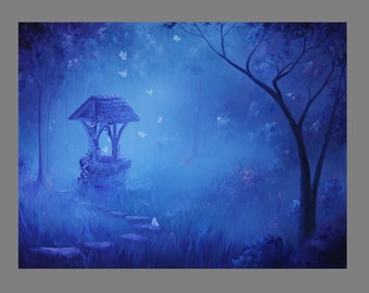 Art PRINT - Blue Moonlit Enchanted Forest Butterflies Secret Well - Fantasy Landscape Wall Art - Choose Size 4x6" 5x7" 8x10" 12x16" PRINTS