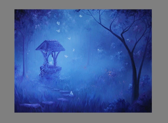 Art PRINT - Blue Moonlit Enchanted Forest Butterflies Secret Well - Fantasy Landscape Wall Art - Choose Size 4x6" 5x7" 8x10" 12x16" PRINTS