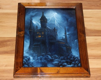 12x16" Original Oil Painting - Dark Enchanted Castle Stormy Lightning Fog Blue Ominous Spooky Gothic - Fantasy Landscape Scenery Wall Art
