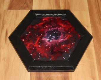 7.5" Hexagon Original Oil Painting - Rosette Nebula Red Blue Purple Outer Space Galaxy NASA Starry Stars Astronomy - Spacescape Wall Art