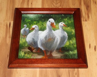 8x8" Original Mini Oil Painting Flat Panel - Duck Walk Ducks Walking Cute Farm Birds Pet Portrait Animal - Small Wall Art