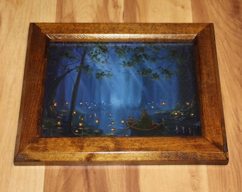 6x8" Original Oil Painting Flat Panel - Firefly Boat Forest River Riverboat Evening Landscape - Small Canvas Wall Art