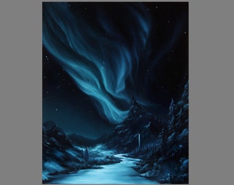 Art PRINT - Northern Lights Blue Green Mountains River Silent Snowy Mountain Landscape Wall Art - Choose Size 4x6" 5x7" 8x10" 12x16" PRINTS