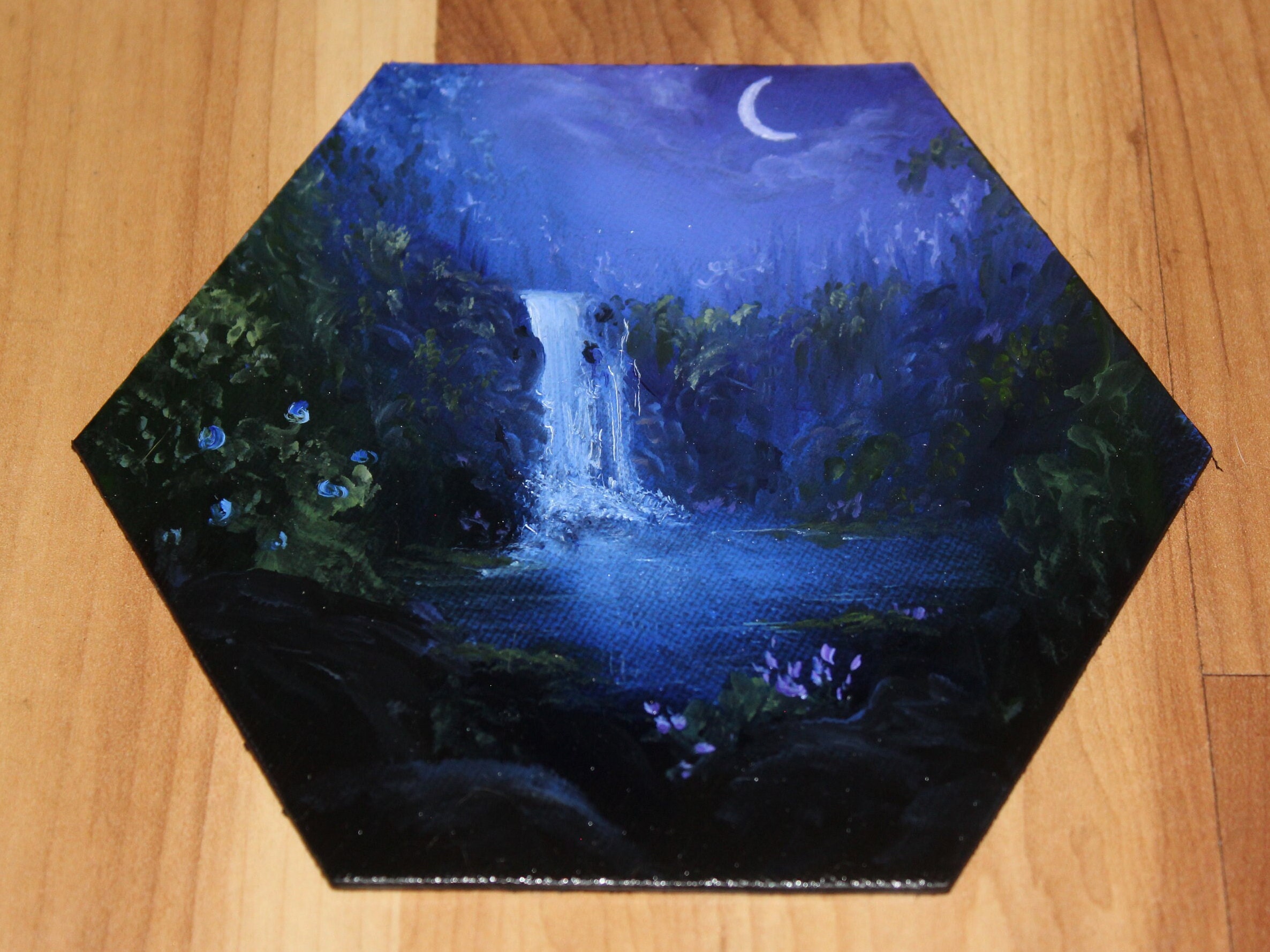Blue Nighttime Night Evening Forest Landscape Small Canvas Wall Art 5-6 Original Mini Oil Painting Hexagon Flat Panel Blue Nighttime Night Evening Forest Landscape Small Canvas Wall Art 5-6 Original Mini Oil Painting Hexagon Flat Panel