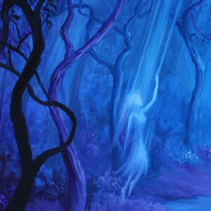 May include: A mystical painting of a forest scene in shades of blue. A luminous, ethereal figure with flowing hair reaches upwards towards a beam of light. Dark tree trunks and branches frame the scene, creating a sense of depth and mystery.