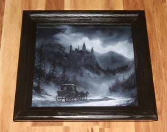 12x12" Original Oil Painting - Castle Carriage Snow Snowy Mansion Cloudy Clouds Fantasy Gray Winter Landscape Wall Art
