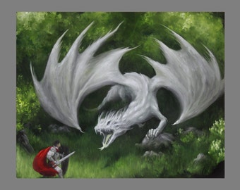 Art PRINT - Enchanted Forest Dragon Fight Medieval Knight Green -  Fantasy Landscape Wall Art - Choose Size 4x6" 5x7" 8x10" 12x16" PRINTS