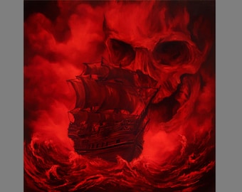 May include: A dramatic painting of a tall ship sailing through a stormy sea, with a skull-shaped cloud formation in the background. The artwork is dominated by shades of red, creating a fiery and intense atmosphere.
