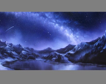 Art PRINT - Purple Blue Milky Way Galaxy Mountains Dark Landscape - Choose Size 5x10", 6x12" 8x16" PRINTS Landscape Scenery Wall Art