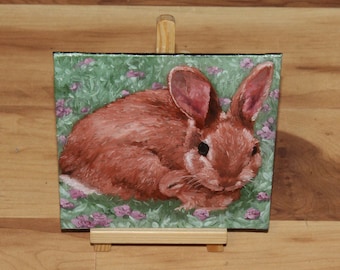 6x6" Original Mini Oil Painting - Protective Momma Bunny Cute Baby Rabbit Family Mother and Child Animal Pet Portrait Small Canvas Wall Art