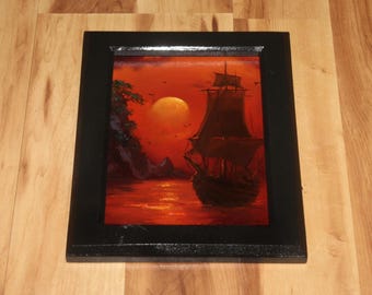 6x8" Original Oil Painting Flat Panel - Orange Ocean Sunset Sailing Pirate Ship Seascape - Small Canvas Wall Art