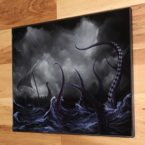 Art PRINT Viking Longboat Ship Lovecraftian Monster Horror Fantasy Ocean Storm Wall Art Choose Size 4x6 5x7 8x10 12x16 PRINTS 11x14" Framed