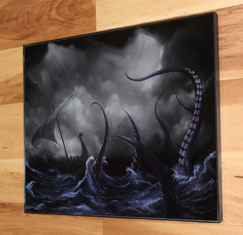 Art PRINT Viking Longboat Ship Lovecraftian Monster Horror Fantasy Ocean Storm Wall Art Choose Size 4x6 5x7 8x10 12x16 PRINTS 11x14" Framed