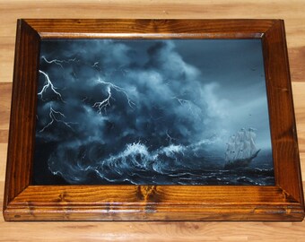 12x16" Original Oil Painting - Outrunning the Storm Lightning Storm Clouds Blue Ominous Spooky Ship - Fantasy Seascape Scenery Wall Art