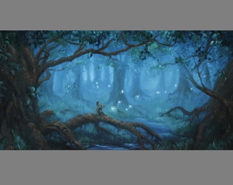 Art PRINT - Dark Fairy Forest Night Enchanted Woods Flute Player Will o Wisps - Choose Size 5x10", 6x12" 8x16" PRINTS Landscape Wall Art