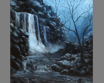 Art PRINT - Rocky Waterfall Blue Gray Mountain River Tree Rocks - Landscape Wall Art - Choose Size 8x8", 10x10" 12x12" PRINTS