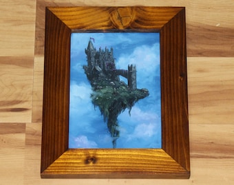 5x7" Original Mini Oil Painting Flat Panel - Enchanted Floating Castle in the Sky Blue Green Fantasy Landscape Dreamscape - Small Wall Art