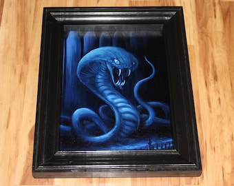 12x16" Original Oil Painting - King Cobra Snake Monster Giant Horror Macabre Gothic Dark Art Black Blue Purple - Fantasy Wall Art