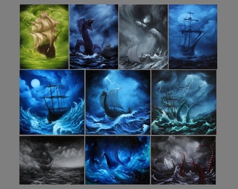 2x4-4x4" Magnet Ship Ships Boats Sailing Fantasy Viking Longboat Ship of Sail Stormy Ocean Art Print Refrigerator Magnet Stocking Stuffers