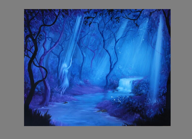 May include: A fantasy landscape painting depicting a serene forest scene. The artwork features a flowing river, a small waterfall, and ethereal figures, all bathed in a cool blue light. The trees and foliage are rendered in shades of blue and purple.