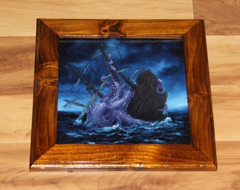 8x8" Original Mini Oil Painting Flat Panel - Giant Octopus Attacks Ship Seascape Horror Fantasy Scenery Purple Blue Ocean Sea - Wall Art