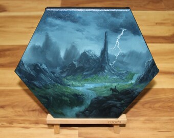 12" Hexagon Original Oil Painting - Lightning Mountain Scenery Waterfall Dark Cloudy Sky Rocky Horse Rider - Fantasy Landscape Wall Art
