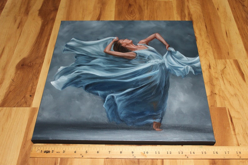 16x16 Original Oil Painting Blue Dancer Dancing Wind image 2