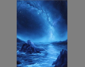 Art PRINT - Stargazing Mermaid Milky Way Stars Blue Seascape Ocean Starry Night Fantasy Wall Art - Choose Size 4x6" 5x7" 8x10" 12x16" PRINTS