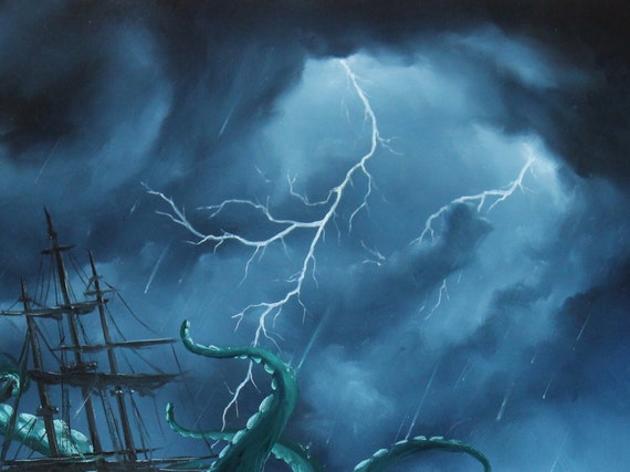 Art PRINT - Blue Turquoise Ship Storm Ocean Octopus Monster