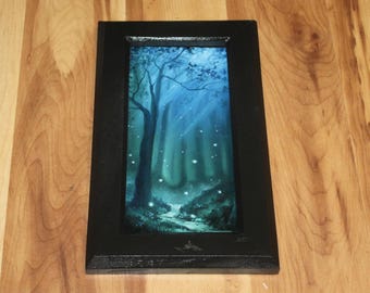 RESERVED - 4x8" Original Mini Oil Painting Flat Panel - Blue Green Fireflies Forest Path Fantasy Landscape - Wall Art