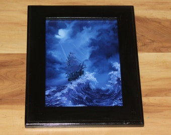 6x8" Original Oil Painting - Sailing Ship Evening Clouds Waves Pirates Enchanted Night Fantasy Seascape Scenery Art - Small Canvas Wall Art