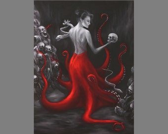 May include: A woman with long dark hair and a red dress stands in front of a dark background. She is holding a skull in her right hand. Her body is surrounded by tentacles, and there are many skulls in the background.