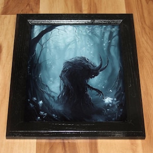 8x10" Original Oil Painting - Spooky Monster Evil Creature Shadow Forest Fantasy Landscape Scenery - Small Wall Art Framed (black)