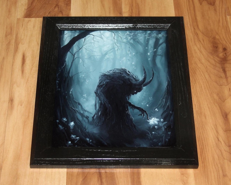 8x10" Original Oil Painting - Spooky Monster Evil Creature Shadow Forest Fantasy Landscape Scenery - Small Wall Art Framed (black)