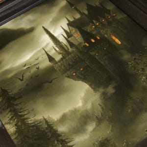 May include: A framed painting depicts a gothic castle perched on a misty cliff, with dark spires and glowing windows. The artwork features a dramatic sky, silhouetted birds, and shadowy trees, creating a mysterious atmosphere.