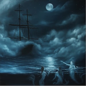 Art PRINT - Midnight Mermaids Sirens Dark Blue Foggy Night Ship Sailing Ocean - Fantasy Wall Art - Choose Size 8x8&quot;, 10x10&quot; 12x12&quot; PRINTS