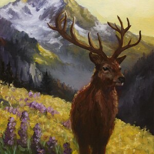 May include: An oil painting shows a deer with large antlers in a field of yellow and purple wildflowers. A snow-covered mountain is in the background, under a yellow sky. The deer has brown fur and is facing right. The painting uses cm measurements.