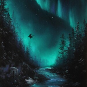 May include: A dark forest scene with a river flowing through it. The sky is filled with a vibrant green aurora borealis, and a single raven flies overhead. A stone with a rune carved into it sits on the riverbank.